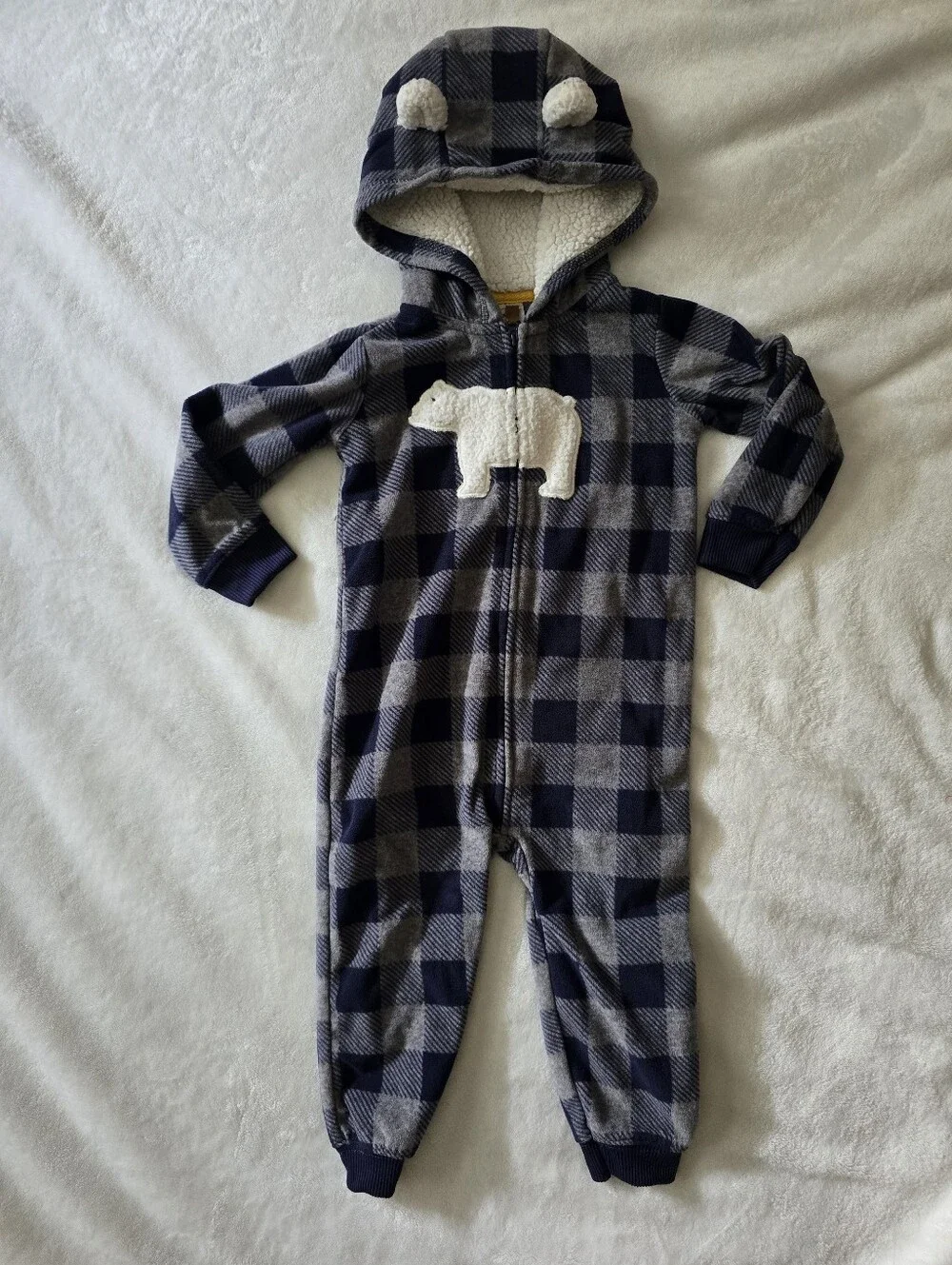 Carter's Navy Plaid Fleexe Bear Hooded Jumpsuit - Size 24 Months